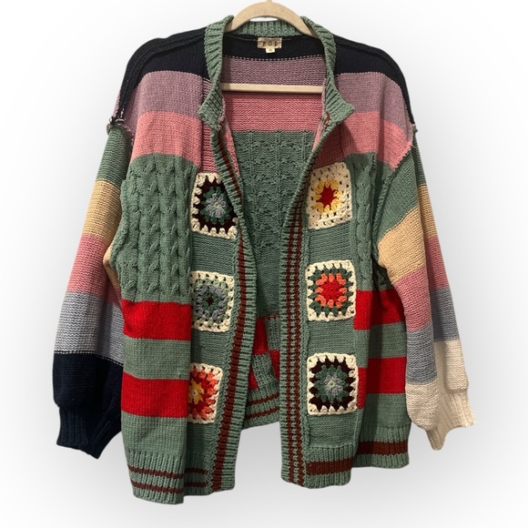 NEW POL granny square cardigan green / multi oversized cottage size small - Picture 1 of 8